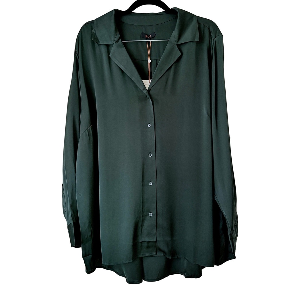 Quince Plus Size Stretch Silk Notch Collar Blouse Forest Green Women's 3X NWT